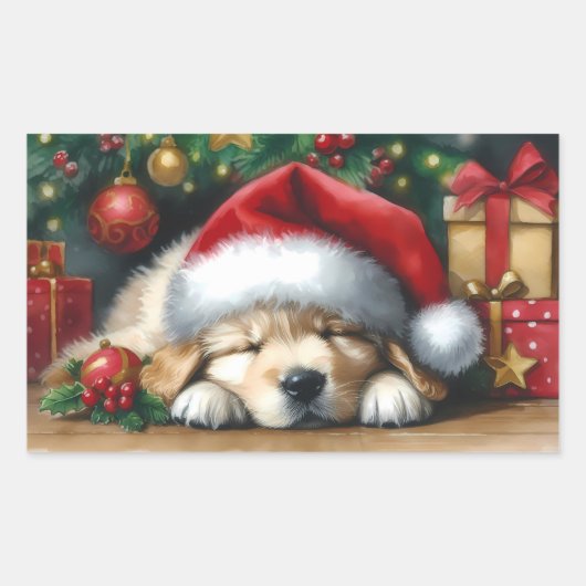 クリスマスゴールデンレトリバーパピー 長方形シール (正面)