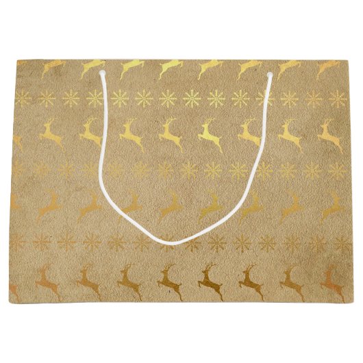 クリスマスゴールド箔トナカイとスノーフレーク ラージペーパーバッグ