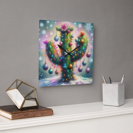 クリスマスサグアーロサボススお洒落スノーフレーク スクエア壁時計 (オフィス)