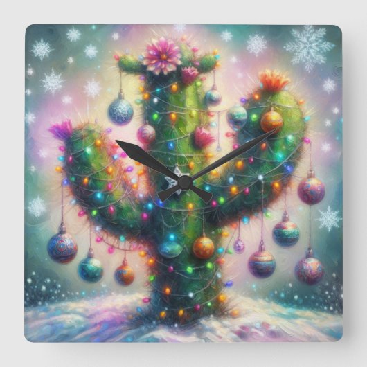 クリスマスサグアーロサボススお洒落スノーフレーク スクエア壁時計 (正面)