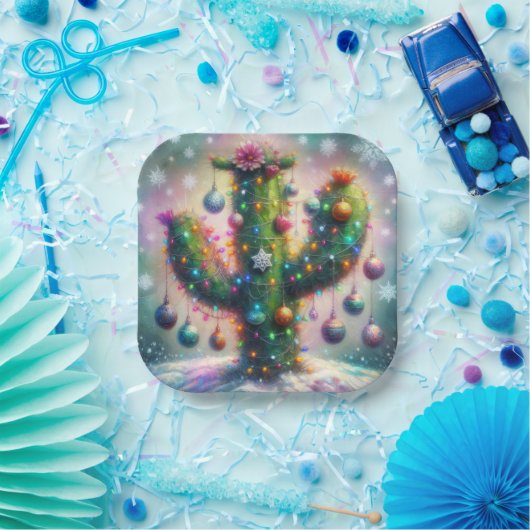 クリスマスサグアーロサボススお洒落スノーフレーク ペーパープレート (パーティー)