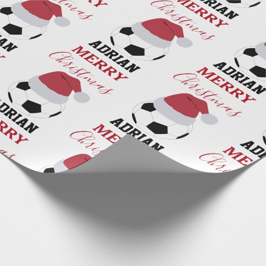 クリスマスサッカーボールスポーツサッカー名前をカスタムする ラッピングペーパー (角)