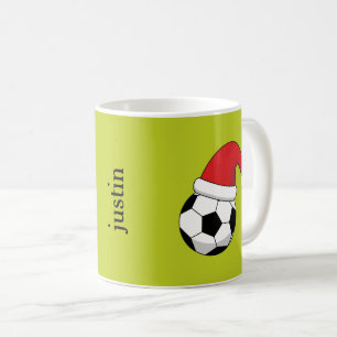 クリスマスサッカーボール、サンタクロース帽子がパーソナライズ コーヒーマグカップ