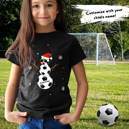 クリスマスサッカー雪だるまサンタハットチャイルドの名前 Tシャツ