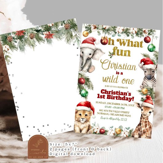 クリスマスサファリワイルドワンファースト誕生日 招待状