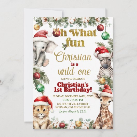 クリスマスサファリワイルドワンファースト誕生日 招待状 (正面)