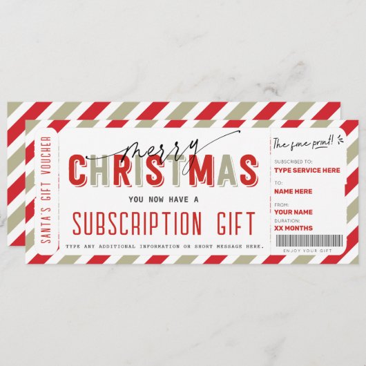 クリスマスサブスクリプションサービスのギフトチケット伝票 招待状 (正面/裏面)