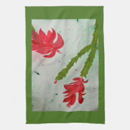 クリスマスサボテンの水彩画 キッチンタオル