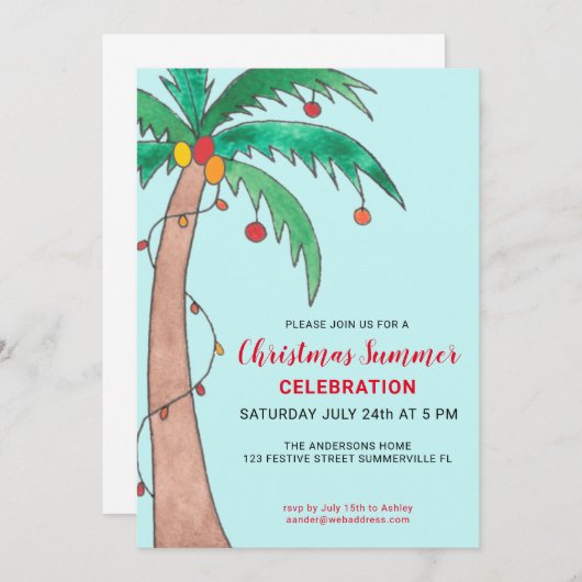 クリスマスサマーお祝いパームツリーパーティー 招待状 (正面/裏面)