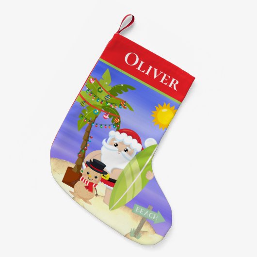クリスマスサマーサンタビーチサーフィン パーソナライズされた スモールクリスマスストッキング (正面 (吊り時))
