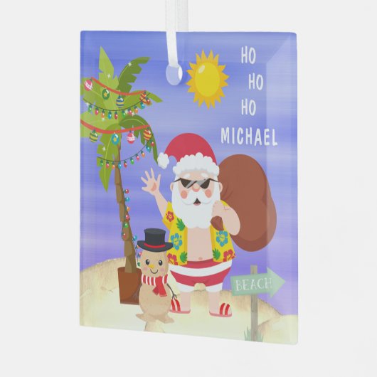 クリスマスサマーサンタビーチホリデーズパーソナライズされた ガラスオーナメント (正面左)