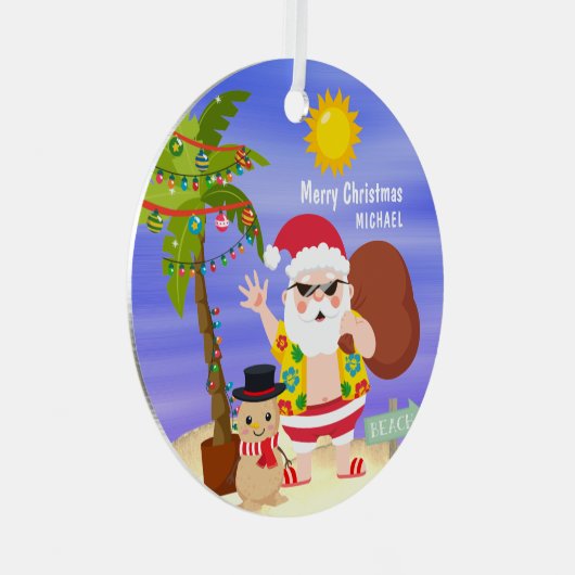 クリスマスサマーサンタビーチホリデーズパーソナライズされた メタルオーナメント (正面右)