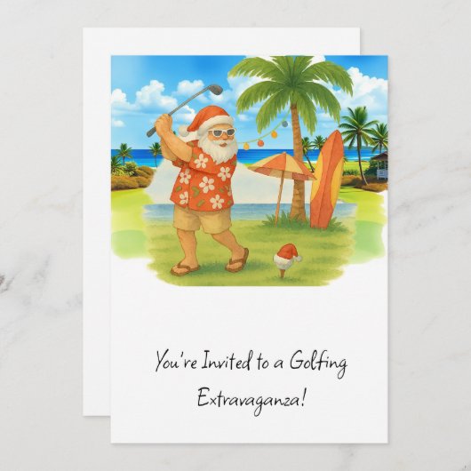 クリスマスサマーテーマのゴルフサンタクロース 招待状 (正面/裏面)