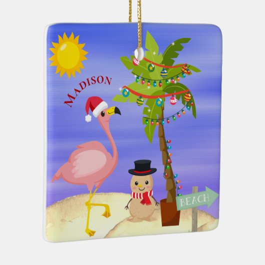 クリスマスサマーフラミンゴビーチパーソナライズされた名 セラミックオーナメント (右)