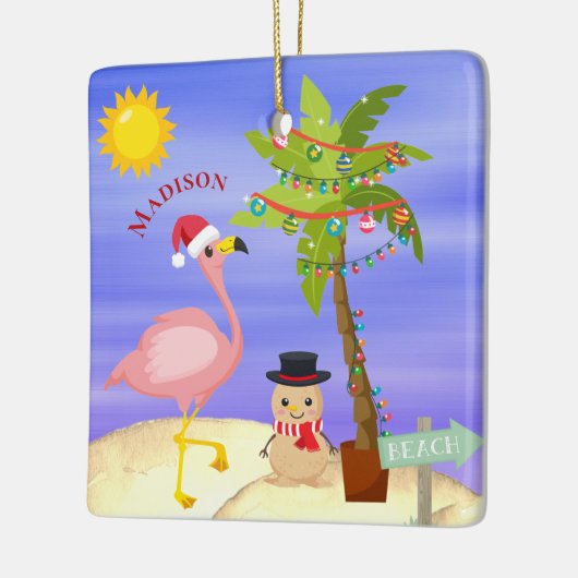 クリスマスサマーフラミンゴビーチパーソナライズされた名 セラミックオーナメント (左)
