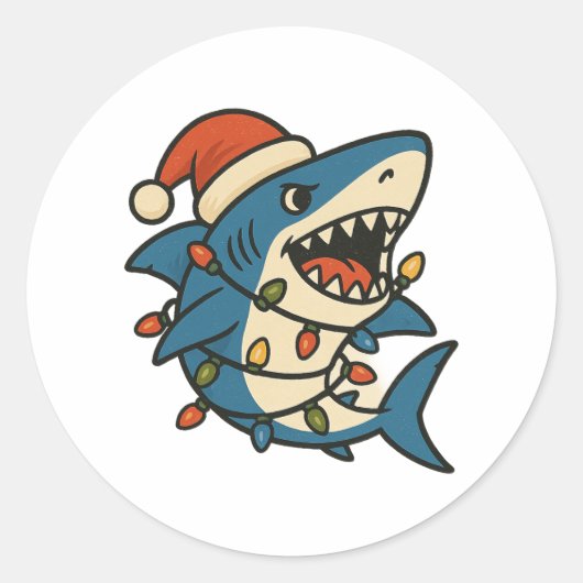 クリスマスサメサンタ帽子がおもしろい ラウンドシール (正面)