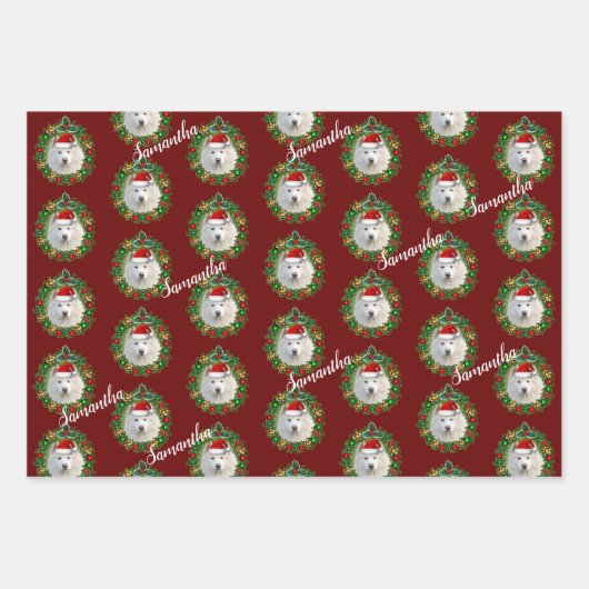 クリスマスサモエドパーソナライズされたの包み紙 ラッピングペーパーシート (正面)
