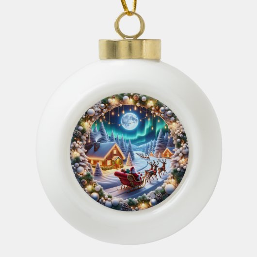 クリスマスサンタそりとフェスティバル冬のシーン セラミックボールオーナメント (正面)