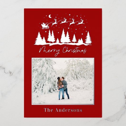 クリスマスサンタとトナカイそりの写真 箔シーズンカード (正面)