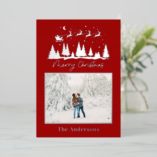 クリスマスサンタとトナカイそりの写真 箔シーズンカード (立ち正面)