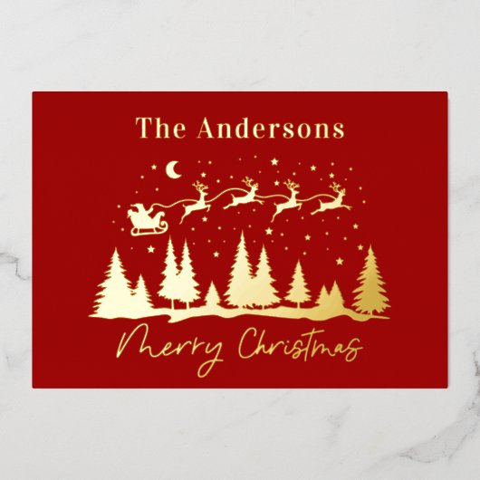 クリスマスサンタとトナカイそりの写真 箔シーズンカード (正面)