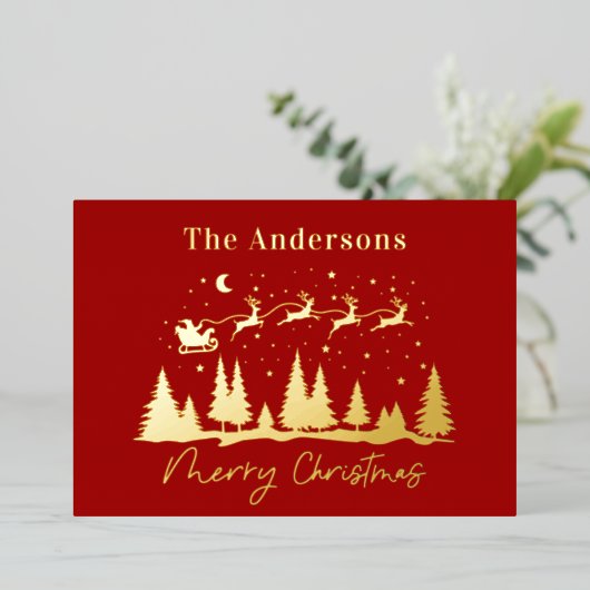 クリスマスサンタとトナカイそりの写真 箔シーズンカード (立ち正面)