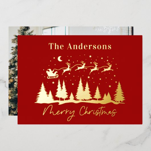 クリスマスサンタとトナカイそりの写真 箔シーズンカード (正面/裏面)