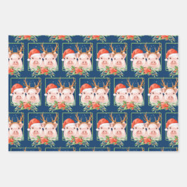 クリスマスサンタとトナカイ豚 ラッピングペーパーシート
