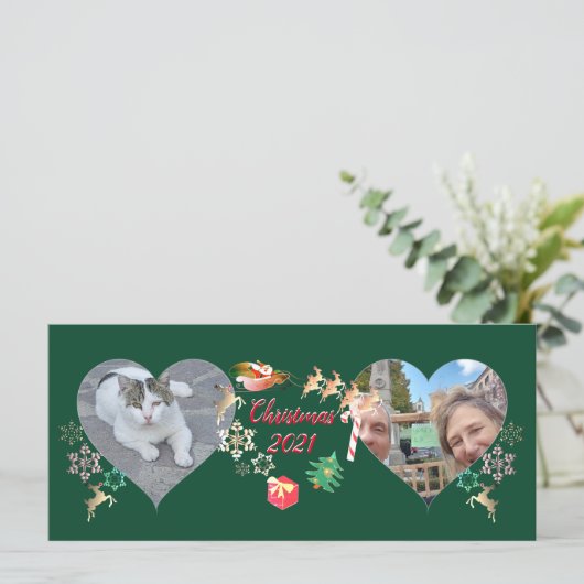 クリスマスサンタとトナカイ2枚の写真グリーティング (スタンド正面)