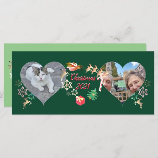 クリスマスサンタとトナカイ2枚の写真グリーティング (正面/裏面)