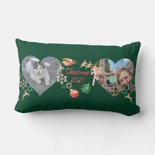 クリスマスサンタとトナカイ2枚の写真グリーティング ランバークッション (裏面)