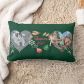 クリスマスサンタとトナカイ2枚の写真グリーティング ランバークッション (ブランケット)