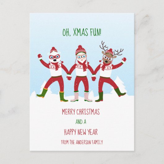 クリスマスサンタと友人の手を持つクラシック ポストカード (正面)