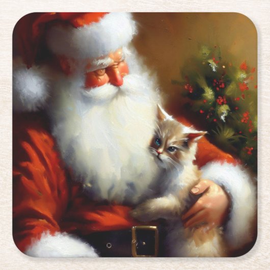 クリスマスサンタと猫3 スクエアペーパーコースター (正面)