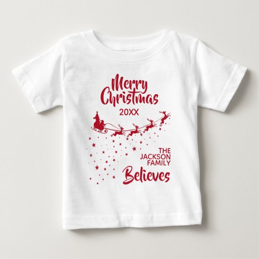 クリスマスサンタのそりのトナカイのホリデーファミリー ベビーTシャツ (正面)
