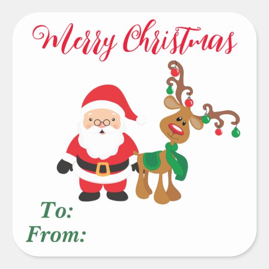クリスマスサンタのトナカイがプレゼントから スクエアシール (正面)
