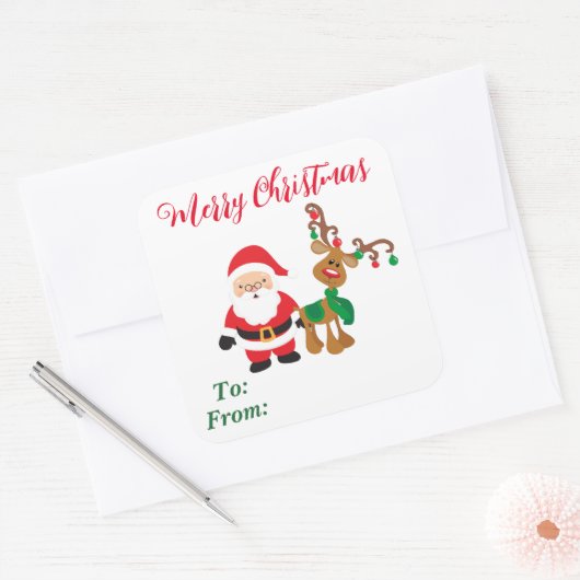 クリスマスサンタのトナカイがプレゼントから スクエアシール (封筒)