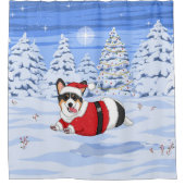 クリスマスサンタの衣装を着た可愛い黒いコルギ シャワーカーテン (正面)