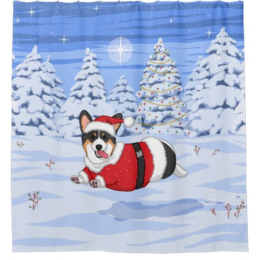 クリスマスサンタの衣装を着た可愛い黒いコルギ シャワーカーテン (正面)