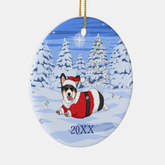 クリスマスサンタの衣装を着た可愛い黒いコルギ セラミックオーナメント (右)