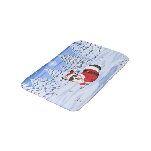 クリスマスサンタの衣装を着た可愛い黒いコルギ バスマット (アングル)