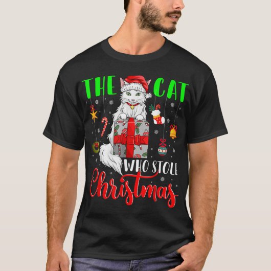 クリスマスサンタをおもしろい盗んだ猫 Tシャツ (正面)