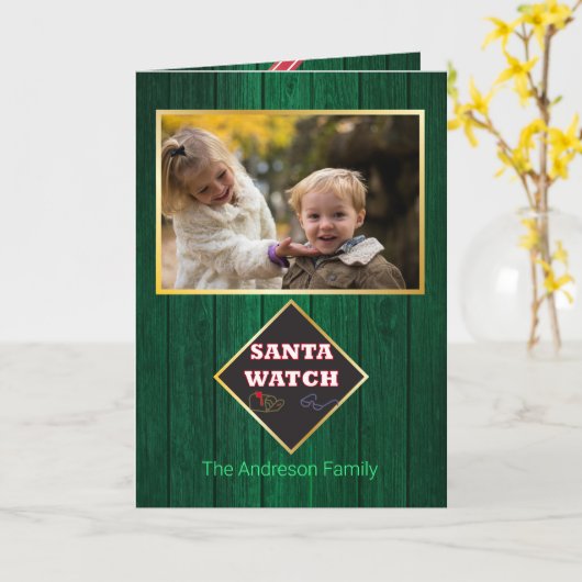 クリスマスサンタウォッチバーンウッドファミリーフォトおもしろい カード (黄色い花)