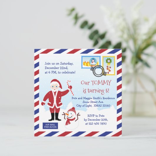 クリスマスサンタエアメール封筒バースデーパーティー 招待状 (スタンド正面)