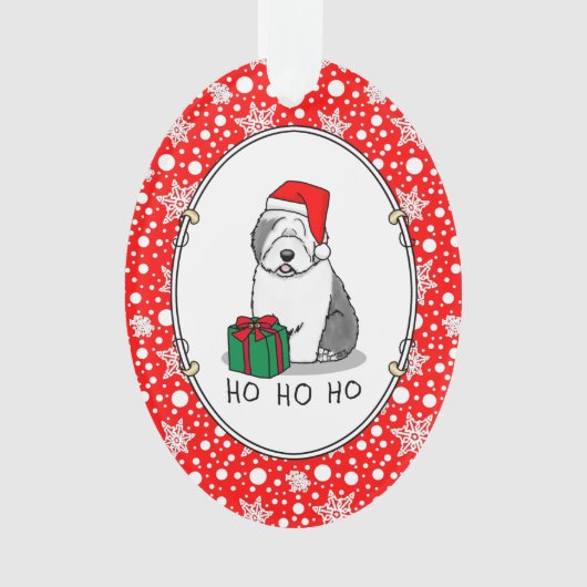 クリスマスサンタオールド英語シェプドッグ(グレー1)かわいい オーナメント (正面)