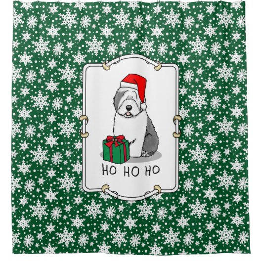 クリスマスサンタオールド英語シェプドッグ（グレー1）かわいい シャワーカーテン (正面)