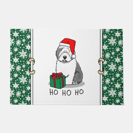 クリスマスサンタオールド英語シェプドッグ(グレー1)かわいい ドアマット (正面)