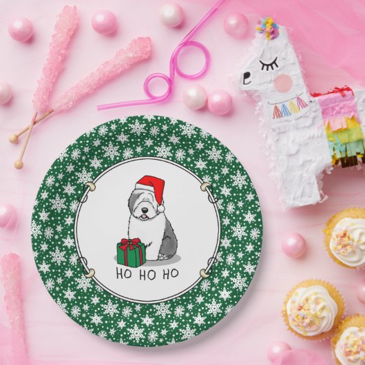 クリスマスサンタオールド英語シェプドッグ（グレー1）かわいい ペーパープレート (パーティー)