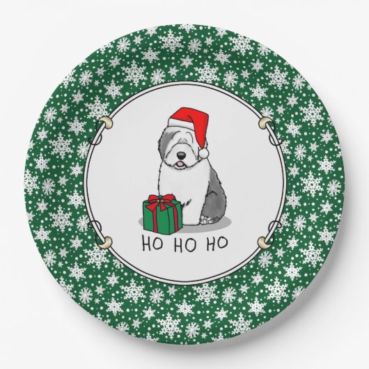 クリスマスサンタオールド英語シェプドッグ（グレー1）かわいい ペーパープレート (正面)