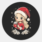 クリスマスサンタガールコーヒーフラワーキッズサンタウォーム ラウンドシール (正面)